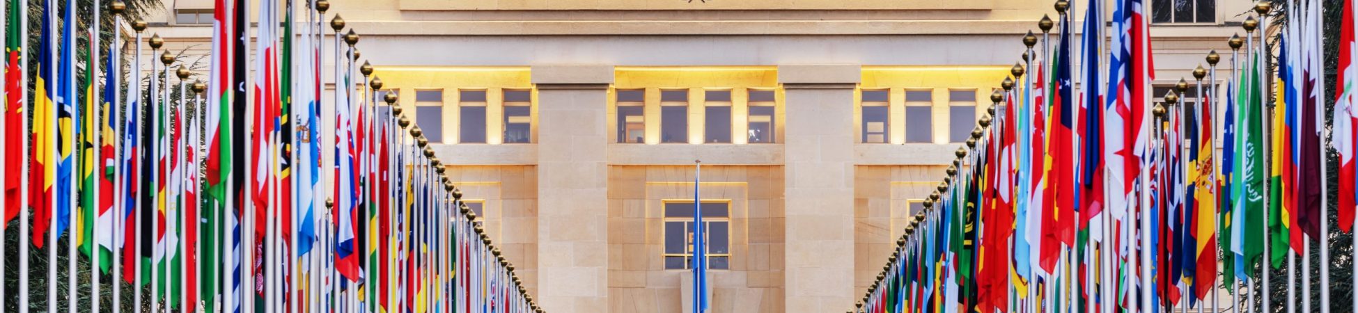 GENEVA, SWITZERLAND - OCTOBER 2, 2023: The United Nations Office at Geneva with the flags of the member countries.